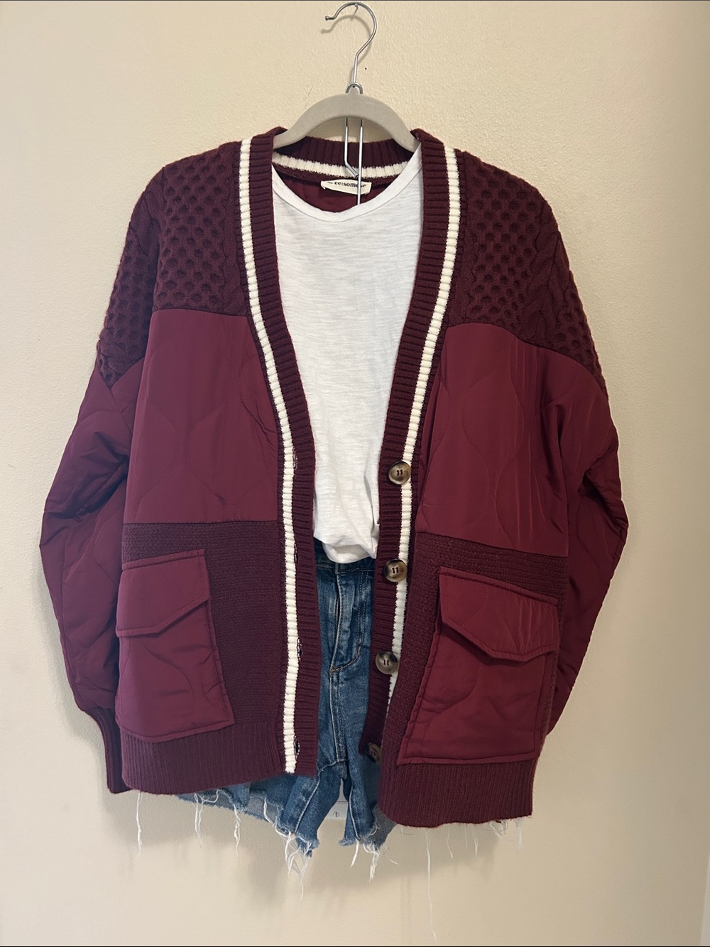 Eesome Burgundy Mixed media Quilted Patchwork jacket